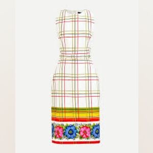 J.Crew Belted Bi-stretch Cotton Dress W/ FloralBorder